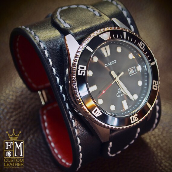 Leather cuff watch Casio diver watch 2" wide Black leather- Red calf lined Custom made for YOU in USA by Freddie Matara