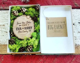 50 Save The Date Wood Magnets in Moss and Pine Cone Box