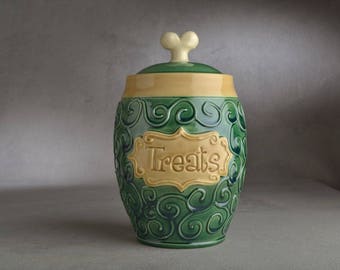 Dog Treat Jar Ready To Ship "Treats" Green Curls Treat Jar by Symmetrical Pottery