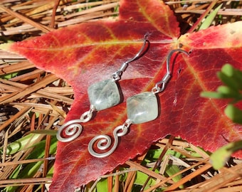 Prehnite Earrings ~ Sterling Silver, Handmade Earrings, Wire Wrapped, Stone Earrings, Boho, Dangle Earrings, Natural Stone, Prehnite Jewelry