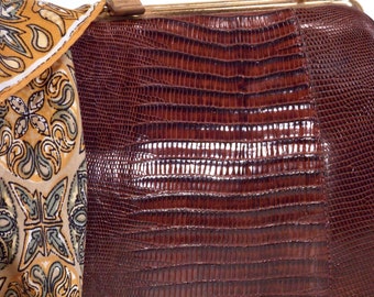 Ladies Top Handle, Brown, Genuine Lizard, Alligator, Reptile, Handbag, Clutch, Evening Bag, Satchel, Purse, circa 1940/50s