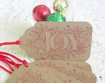 Christmas Gift Tags - Large Christmas Tags - Handstamped Joy Red Kraft Tags - Set of 6 Double Layer Holiday Tags - Rustic Christmas Tags