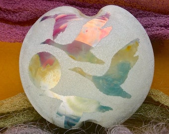 Lampwork Beads "Flying Home" Handmade Sandblasted Glass SRA ~ Watercolour Iridescent Lustre Picture Lentil Bead ~ Warm Neutrals