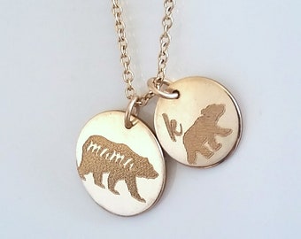 Mama Bear Necklace - Baby Bear Necklace - Mommy Necklace - Gold Disc Necklace - Initial Necklace - Personalized Necklace - Mother's Necklace