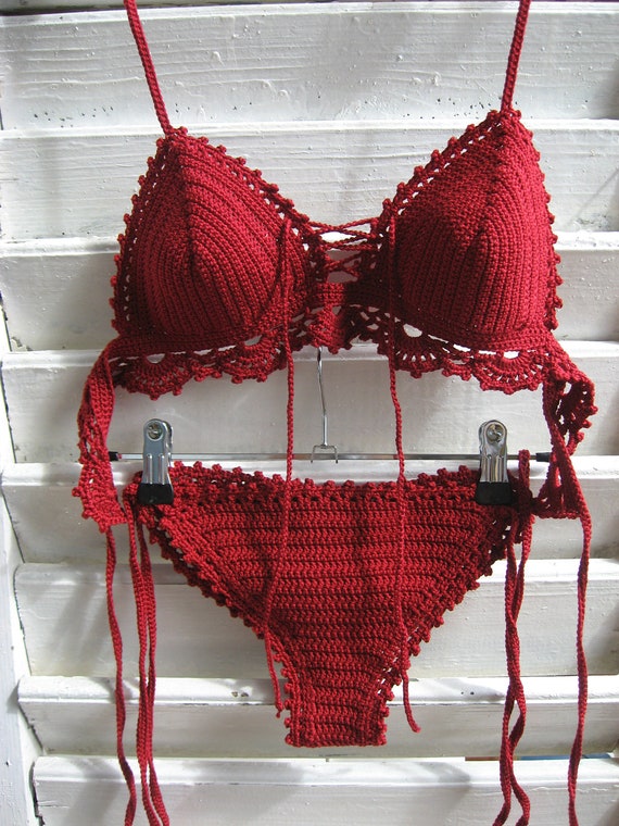 crochet bikini in Dark Red lace Crochet swimsuit Crochet