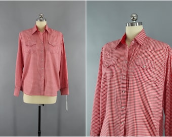 Vintage 1970s Rockmount Shirt / 70s Rockabilly Shirt / Red Gingham Blouse / Western Style Ranch Wear / Size Medium M Large L