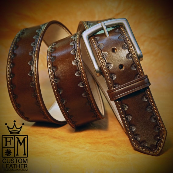 Brown Leather Dress Belt Custom Made Hand stamped vintage look handmade for YOU in New York by Freddie Matara