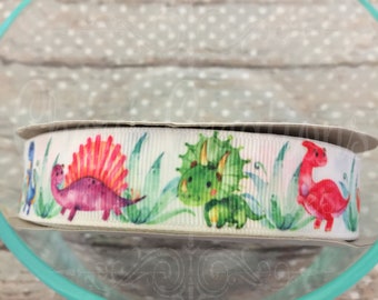7/8" Designer Dinos - Watercolor Ribbon - Cute Dinosaurs - Stegosaurus - Dino - U.S. DESIGNER - High Quality Grosgrain Ribbon - By The Yard