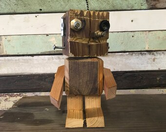 Cute Little Funky Robot Named Woody - Robot Assemblage - Wooden Robot - Handmade Robot