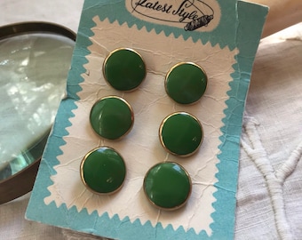 Latest Style Card of 6 Glass Buttons. Vintage. Green. Gold.