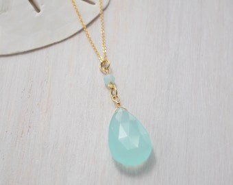 Aqua Blue Chalcedony Necklace, Chalcedony Necklace, Long Chalcedony Necklace, Chalcedony Pendant