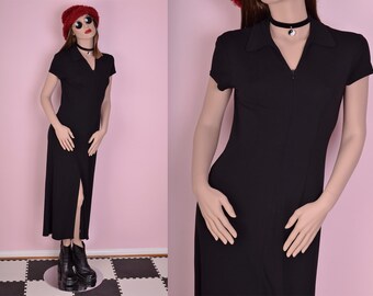 90s Black Maxi Dress/ US 4/ 1990s/ Short Sleeve