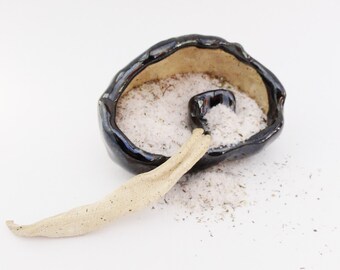Rustic Salt Pig with Spoon, Primitive Small Wrinkled Pottery Bowl. Hobbit Tableware, Salt Cellar, Black