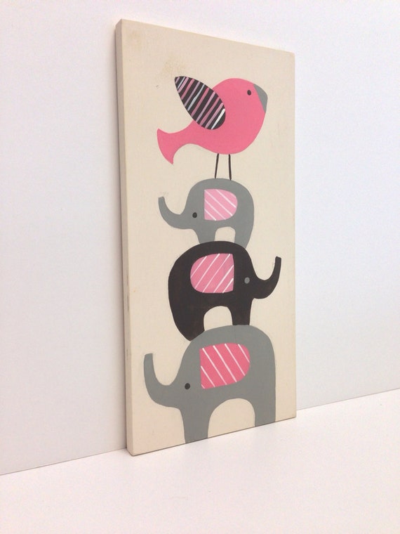 Baby Elephant Nursery Wood Wall Art Pink and Gray Nursery