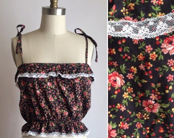 70s crop top XS/S ~ vintage floral cotton tank