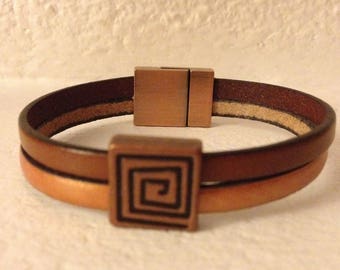 2 STRANDS LEATHER BRACELET BROWN AND OCHRE