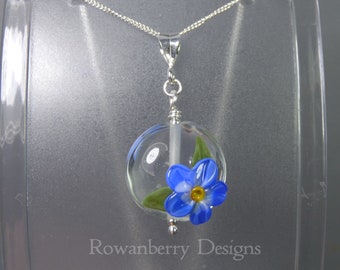 Forget-Me-Not Pendant and Chain - Art Nouveau Handmade Lampwork Glass & 925 Sterling Silver - Rowanberry Designs SRA - Art- FMNP1