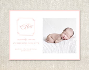 Pink monogram Baby Birth Announcements