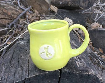 Chartreuse Dragonfly Tea Cup, Small Mug, Pottery Handmade by Daisy Friesen