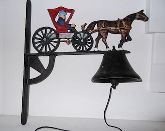 Vintage Cast Iron Dinner/Entryway Bell, On Wall Mount and Decorated with Painted Cast Iron Horse and Carriage