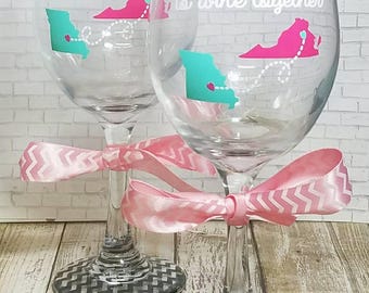 Never Too Far To Wine Together - State Wine Glass - Going Away Gift - Sister Gift - Best Friend Gift - Out Of State Gift - Galentines Day