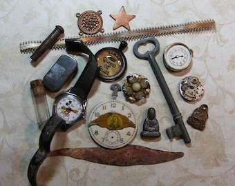 Vintage TRINKET LOT- Mickey Mouse Watch- Optical Lens- Key- Copper- Assemblage Lot Jewelry- Findings- Found Object Lot