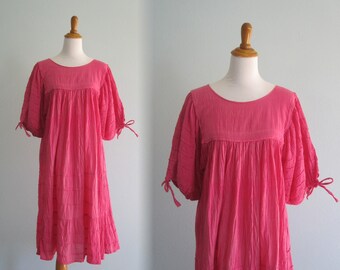 Cotton Gauze Dress - Boho 70s Pink Gauze Festival Dress - Vintage Pink Cotton Tent Dress - Vintage 1970s Dress S M L