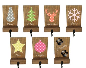personalized stocking holder, Christmas mantle, wood, polka dot, rustic Christmas, pet stocking holder, mantle decor, stocking hanger, hook