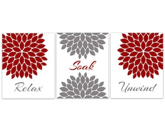 Bathroom CANVAS Wall Art, Relax Soak Unwind, Red and Gray Bathroom Decor, Modern Bathroom Art, Set of 3 Bath Art Prints - BATH57