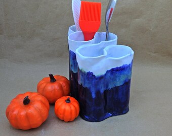 Ceramic Toothbrush Holder, Navy Blue and White Color, Pottery Pencil Holder, Make Up Brush Container, Bathroom Decor, Whymsical Flower Vase