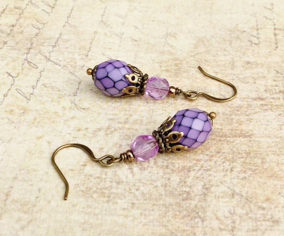 Purple Earrings Violet Earrings Antique Gold Earrings