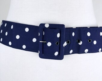 1980s Navy Blue and White Polka Dot Belt // 80s Navy Belt with White Polka Dots // Extra Large XXL