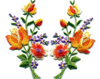 1 pair Orange roses pair flowers bouquet pink red rose sewing Iron on Patches Embroidered Iron On Applique Patch DIY Customise Denim Cotton