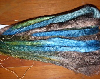Hand Dyed Tussah Silk roving for spinning / 2.1 ozs. / Blue Wings