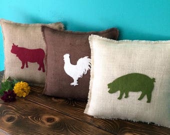13" x 13" Burlap Pillow w/ Farm Animals- Choose Your Colors-Choose Your Animal-Horse/Pig/Cow/Rooster/Sheep/Goose-Rustic Chic-Farmhouse Decor