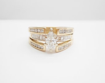 Diamond Ring, Wedding Set, Marquise Diamond, Engagement Ring, 14K Yellow Gold .66 Carat Total Marquise Diamond Engagement Wedding Ring #4572