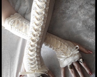 Porcelain Maiden Victorian Corset Laced Up Arm Warmers | Pale Ivory Lace & Ribbon | Vampire Gothic Tribal Goth Lolita Burlesque Bridal Cream
