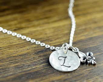 Silver Initial Necklace - Hand Stamped Necklace - Fleur de Lis Necklace - Initial Jewelry - Initial Necklace - Hand Stamped Initial