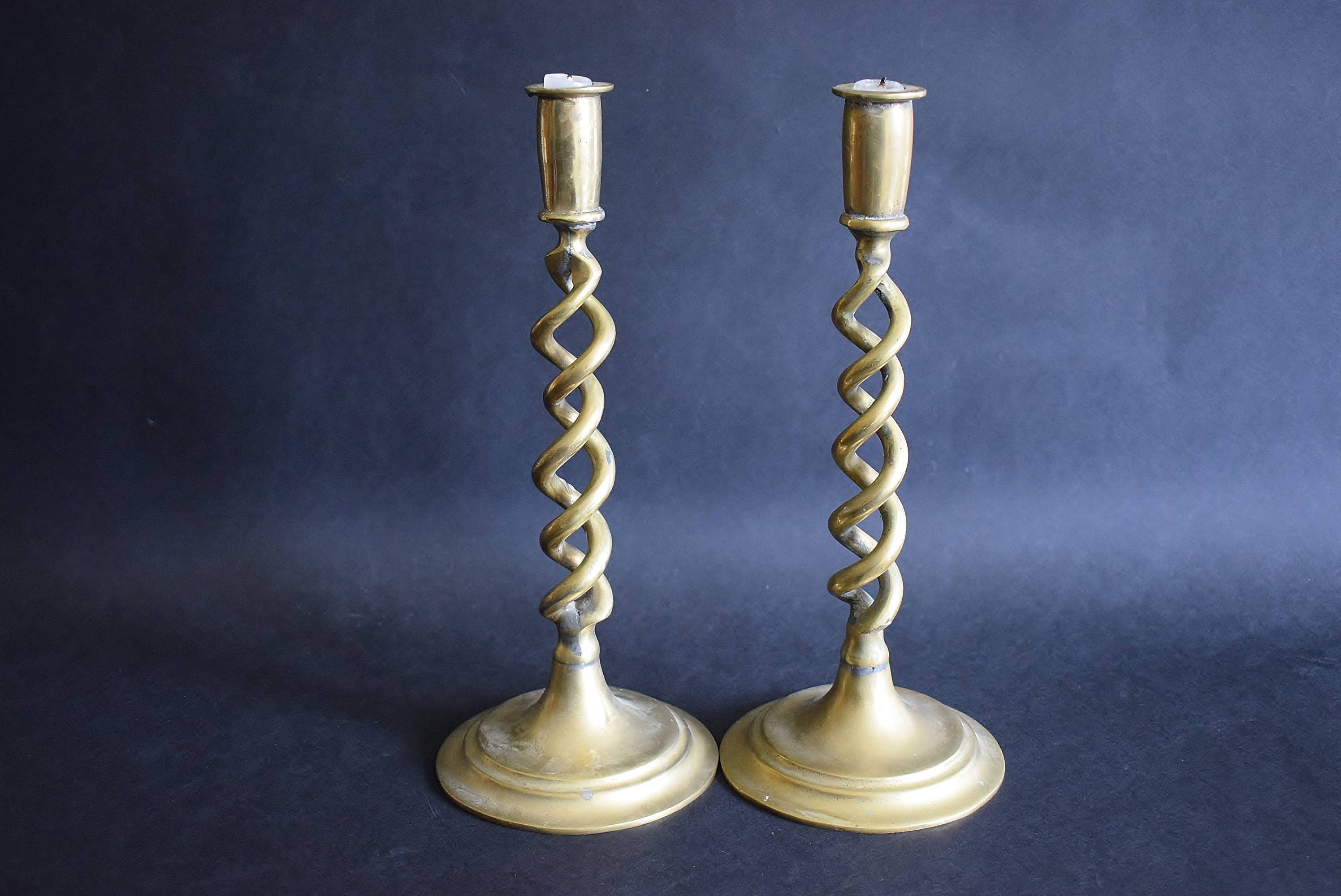 Antique Victorian Brass Candle Holders Open Barley Twist Set