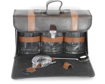 Vintage Travel Bar- Case, Flasks and Stir Sticks- Vintage Camping Gear-