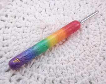 Extra Large Ergonomic Handled Ombre Rainbow Polymer Clay Covered Crochet Hook Bates F