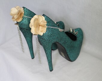 Teal Spiked Flower Platform Stiletto 8.5