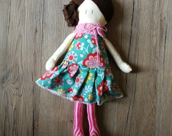 Fabric Doll - Handmade doll - Fancy cloth doll - flower cloth - Cotton doll - little girl doll - soft doll - Brown hair doll - braid hair