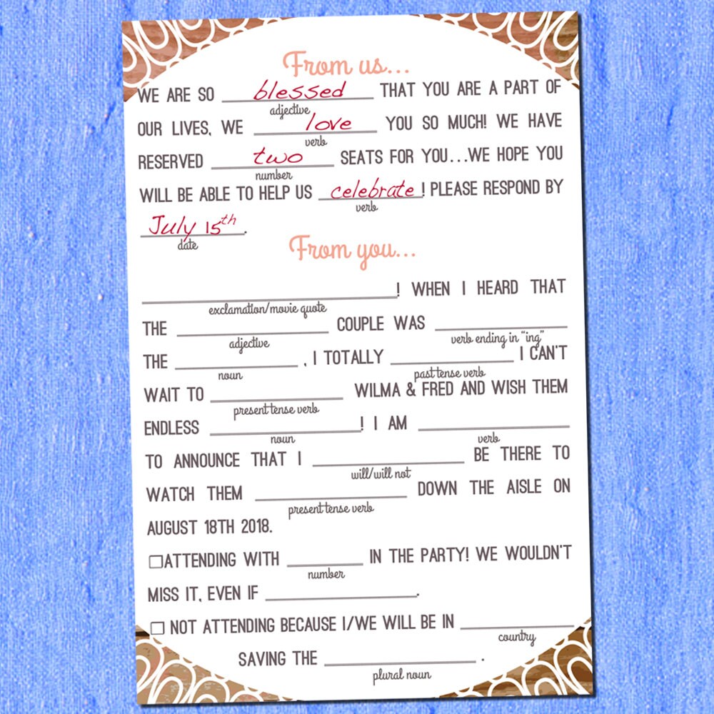 Ad Lib / Mad Lib Wedding RSVP Customized Rustic RSVP Doily