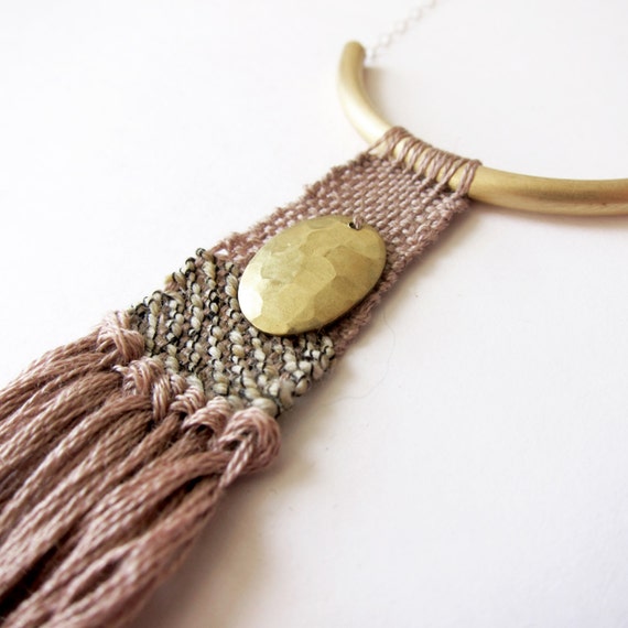 Items similar to Boho Hammered Brass Woven Fiber Necklace, color block