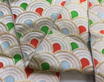 Nagoya obi white gold, vintage Japanese obi with waves pattern, silk obi belt, vintage obi, green light blue red white gold_0002