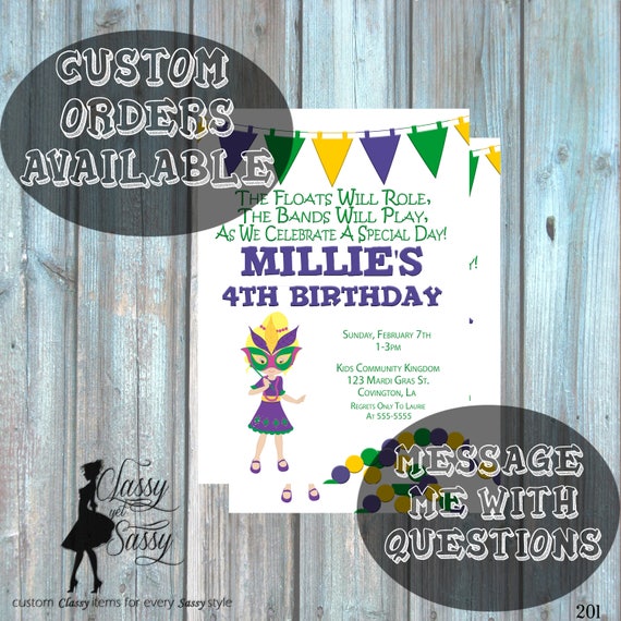 Mardi Gras Birthday Party Invitation, Mardi Gras Party, Parade party, New Orleans Baby, New Orleans Birthday Invitation-201