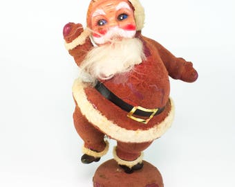 Old Hard-Plastic Flocked Santa Claus Mid-Century Holiday
