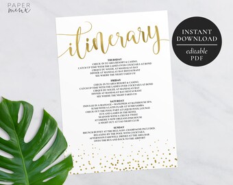 Printable Itinerary Template | Editable | Weekend Itinerary | Hens Party | Bachelorette | Birthday Weekend | Gold and White Itinerary