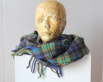 Vintage Scarf Shawl Blue Green Yellow Red Tartan Plaid wool lambswool nylon blend side fringe